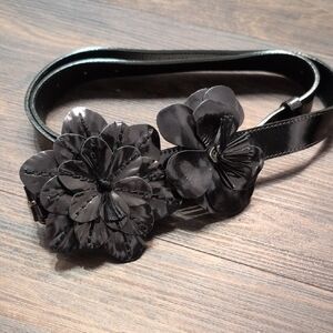 Anne Fontaine Black Leather Belt with Floral Appliqués